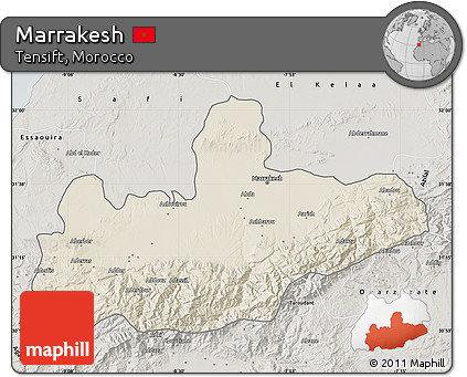 Shaded Relief Map of Marrakesh, semi-desaturated