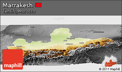 Physical Panoramic Map of Marrakesh, darken, desaturated
