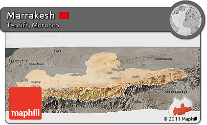 Satellite Panoramic Map of Marrakesh, darken, semi-desaturated