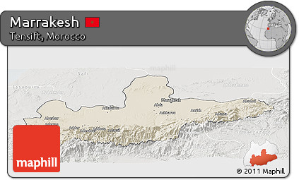 Shaded Relief Panoramic Map of Marrakesh, lighten, semi-desaturated