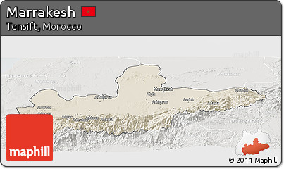 Shaded Relief Panoramic Map of Marrakesh, lighten, semi-desaturated