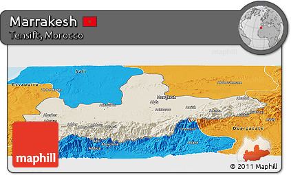 Shaded Relief Panoramic Map of Marrakesh, political outside