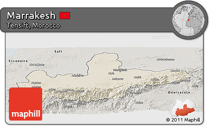Shaded Relief Panoramic Map of Marrakesh, semi-desaturated