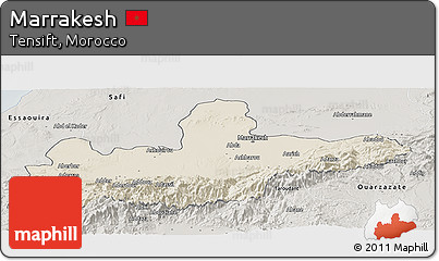 Shaded Relief Panoramic Map of Marrakesh, semi-desaturated