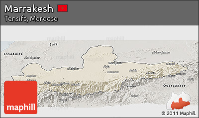 Shaded Relief Panoramic Map of Marrakesh, semi-desaturated