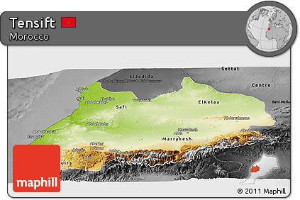 Physical Panoramic Map of Tensift, darken, desaturated