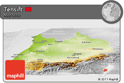 Physical Panoramic Map of Tensift, lighten, desaturated