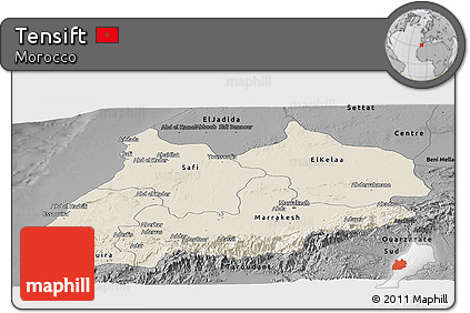 Shaded Relief Panoramic Map of Tensift, darken, desaturated