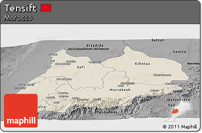 Shaded Relief Panoramic Map of Tensift, darken, desaturated