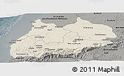 Shaded Relief Panoramic Map of Tensift, darken, semi-desaturated