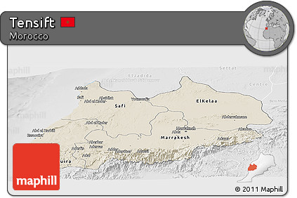 Shaded Relief Panoramic Map of Tensift, lighten, desaturated