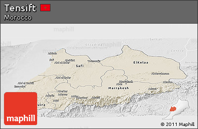 Shaded Relief Panoramic Map of Tensift, lighten, desaturated