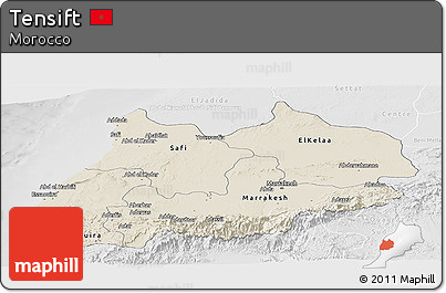 Shaded Relief Panoramic Map of Tensift, lighten, desaturated