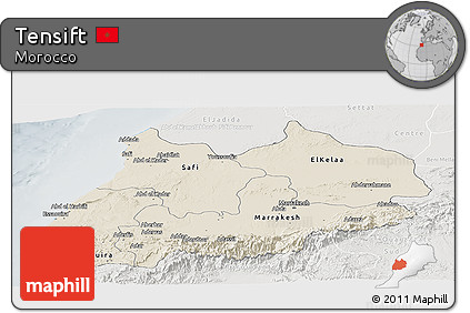 Shaded Relief Panoramic Map of Tensift, lighten, semi-desaturated
