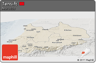 Shaded Relief Panoramic Map of Tensift, lighten, semi-desaturated