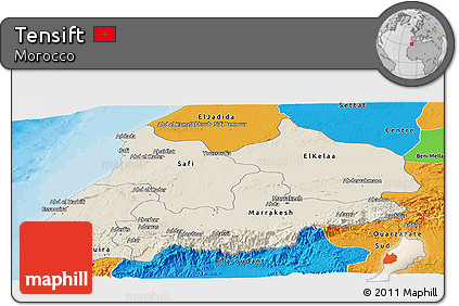 Shaded Relief Panoramic Map of Tensift, political outside