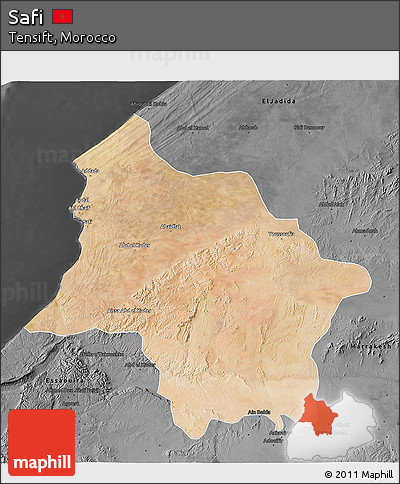 Satellite 3D Map of Safi, darken, desaturated