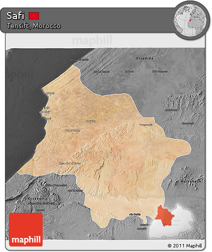 Satellite 3D Map of Safi, darken, desaturated
