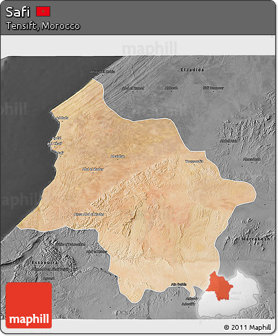 Satellite 3D Map of Safi, darken, desaturated