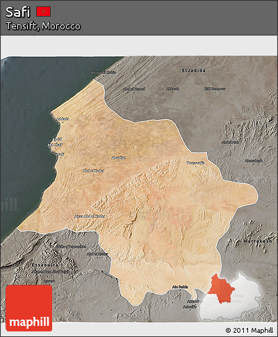Satellite 3D Map of Safi, darken, semi-desaturated