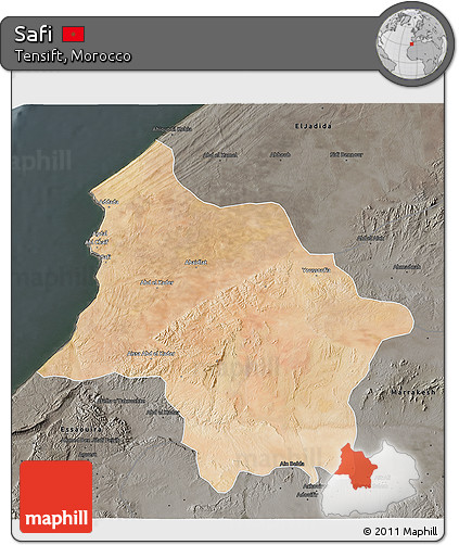 Satellite 3D Map of Safi, darken, semi-desaturated