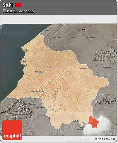 Satellite 3D Map of Safi, darken, semi-desaturated