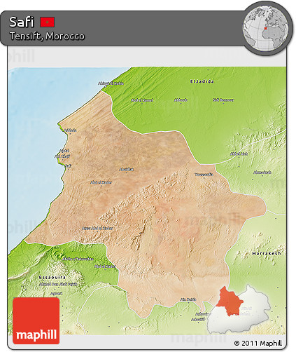 Satellite 3D Map of Safi, physical outside