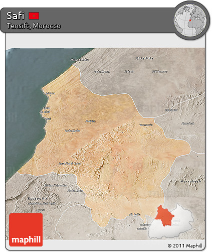 Satellite 3D Map of Safi, semi-desaturated