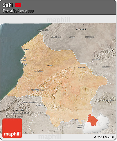 Satellite 3D Map of Safi, semi-desaturated