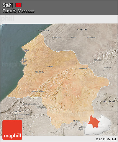 Satellite 3D Map of Safi, semi-desaturated