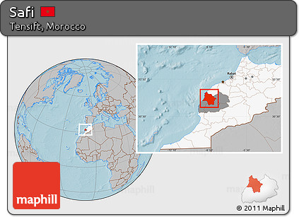 Gray Location Map of Safi, highlighted country, highlighted parent region, hill shading