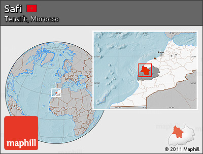 Gray Location Map of Safi, highlighted country, highlighted parent region, hill shading