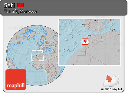 Gray Location Map of Safi, highlighted parent region, within the entire country, hill shading