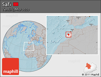 Gray Location Map of Safi, highlighted parent region, within the entire country, hill shading