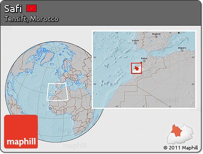Gray Location Map of Safi, highlighted parent region, within the entire country, hill shading