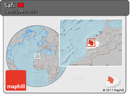 Gray Location Map of Safi, highlighted parent region, hill shading