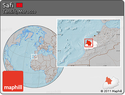 Gray Location Map of Safi, highlighted parent region, hill shading