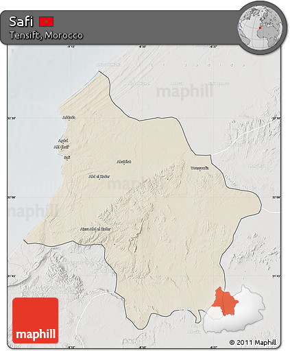 Shaded Relief Map of Safi, lighten, semi-desaturated