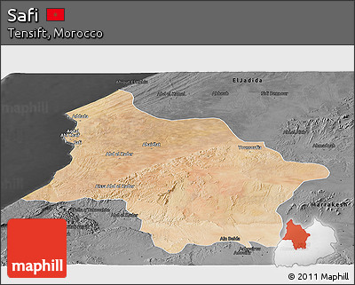 Satellite Panoramic Map of Safi, darken, desaturated