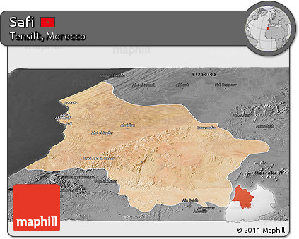 Satellite Panoramic Map of Safi, darken, desaturated