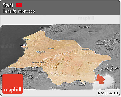 Satellite Panoramic Map of Safi, darken, desaturated