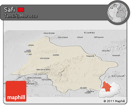 Shaded Relief Panoramic Map of Safi, desaturated