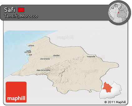 Shaded Relief Panoramic Map of Safi, single color outside