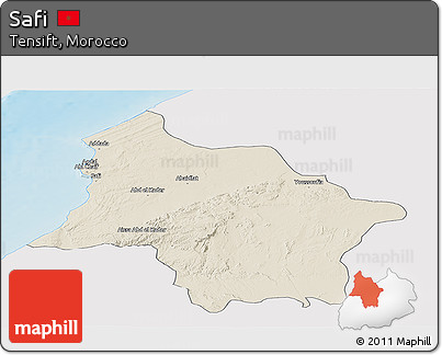 Shaded Relief Panoramic Map of Safi, single color outside