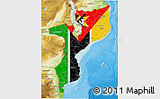 Flag 3D Map of Mozambique, physical outside, bathymetry sea, flag rotated