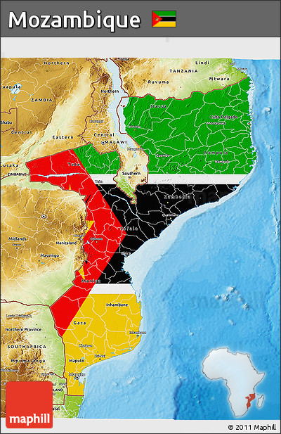 Flag 3D Map of Mozambique, physical outside, bathymetry sea