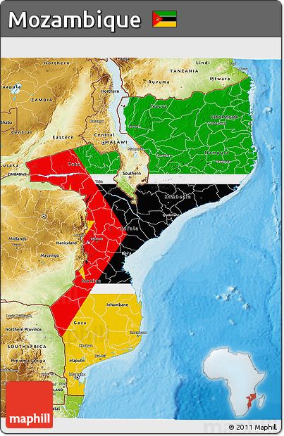 Flag 3D Map of Mozambique, physical outside, bathymetry sea