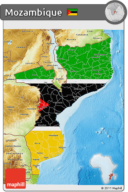 Flag 3D Map of Mozambique, physical outside, flag centered