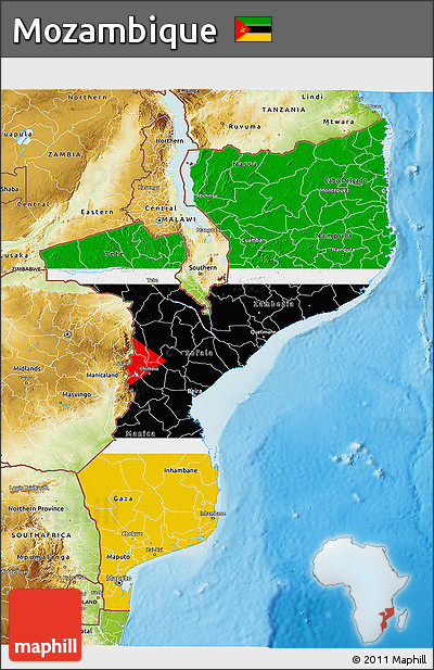 Flag 3D Map of Mozambique, physical outside, flag centered
