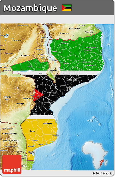 Flag 3D Map of Mozambique, physical outside, flag centered